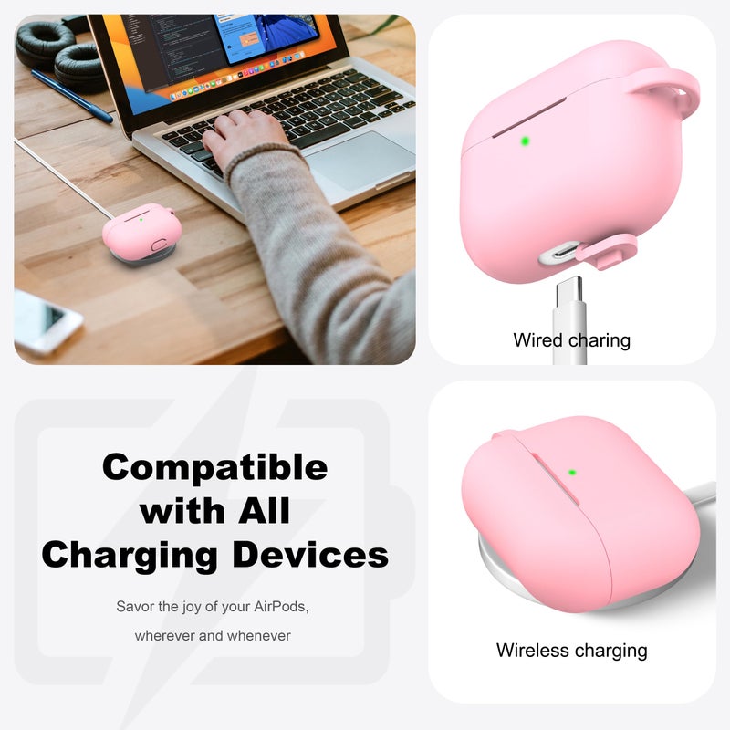 R-fun لحافظة AirPods Pro الجيل 2/1 مع مجموعة تنظيف، غلاف واقي من السيليكون الناعم لأبل AirPod Pro 2/1 للنساء والرجال، ملحقات حافظة AirPods Pro مع سلسلة مفاتيح، وردي - Image 3